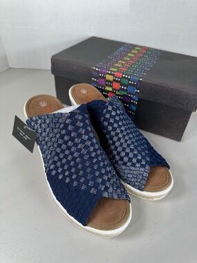 bernie mev. Navy & Silver Woven Open-Toe Slide Mules. Brand New